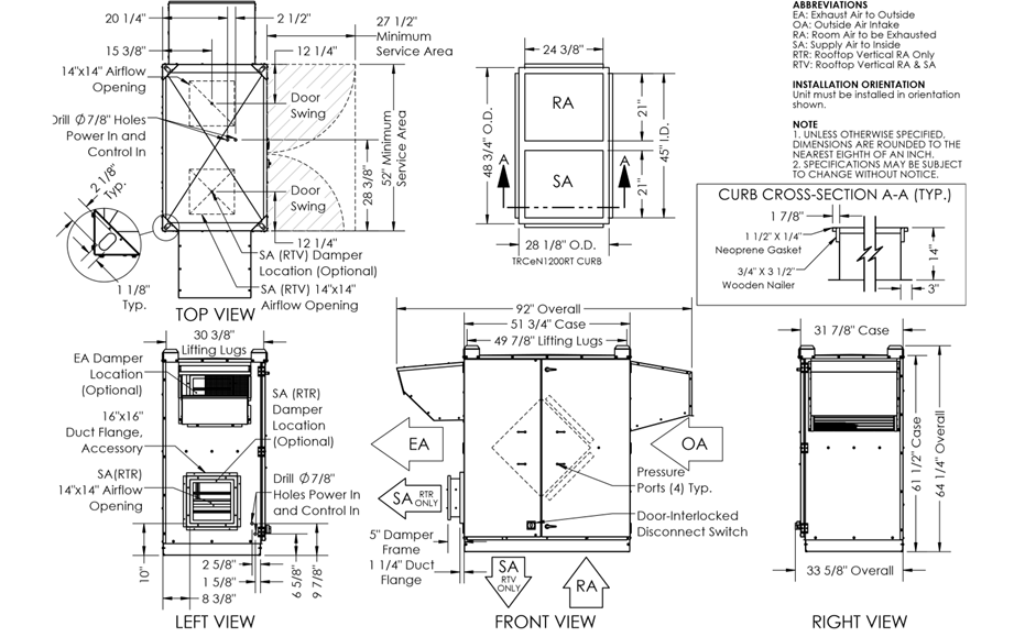 Dimensional drawing for the TRCeN 1200 RTV model.