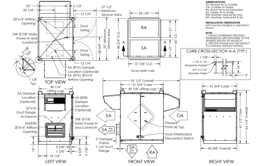 Dimensional drawing for the TRCeN 1600 RTV model.